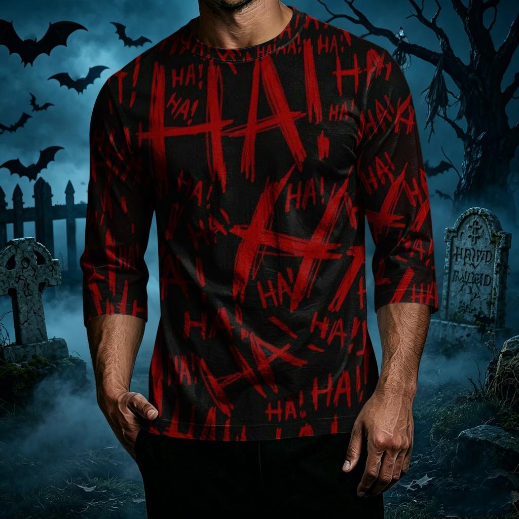 Men's Casual Halloween Print Crew Neck T-Shirt Three Quarter Sleeve Top Lightweight Comfortable Fit