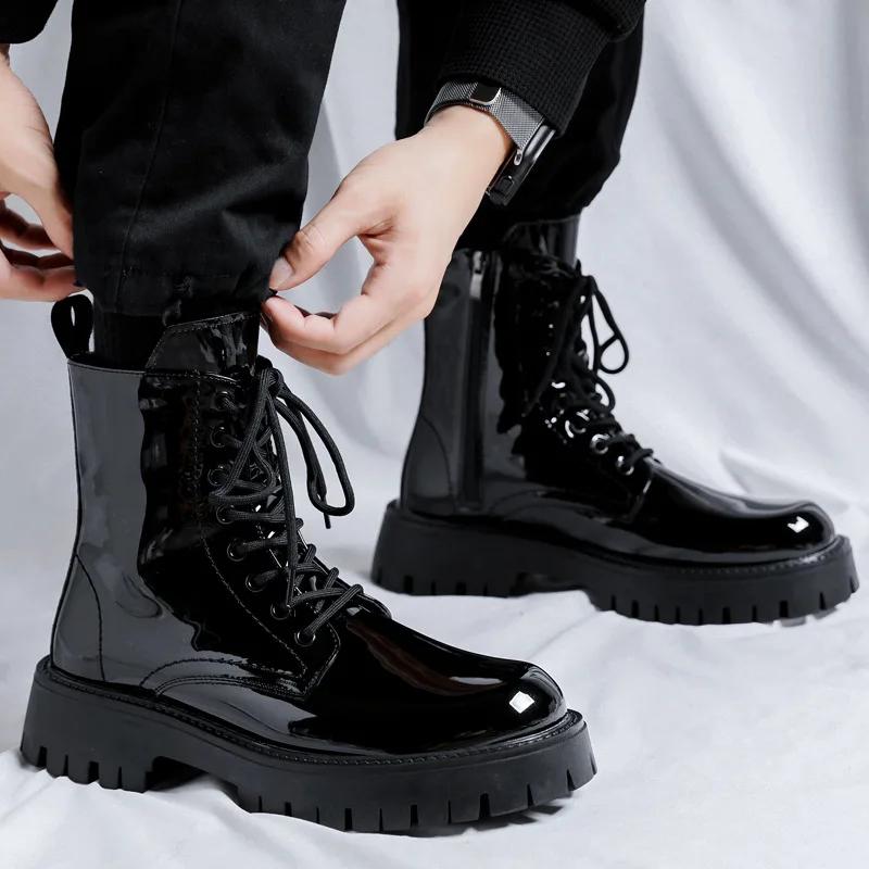 Fashion 2025Leather Boots for Men Round Toe Mid Calf Lace Up Height Increasing Spring Autum Newest Sewing Casual Fashion Shoes