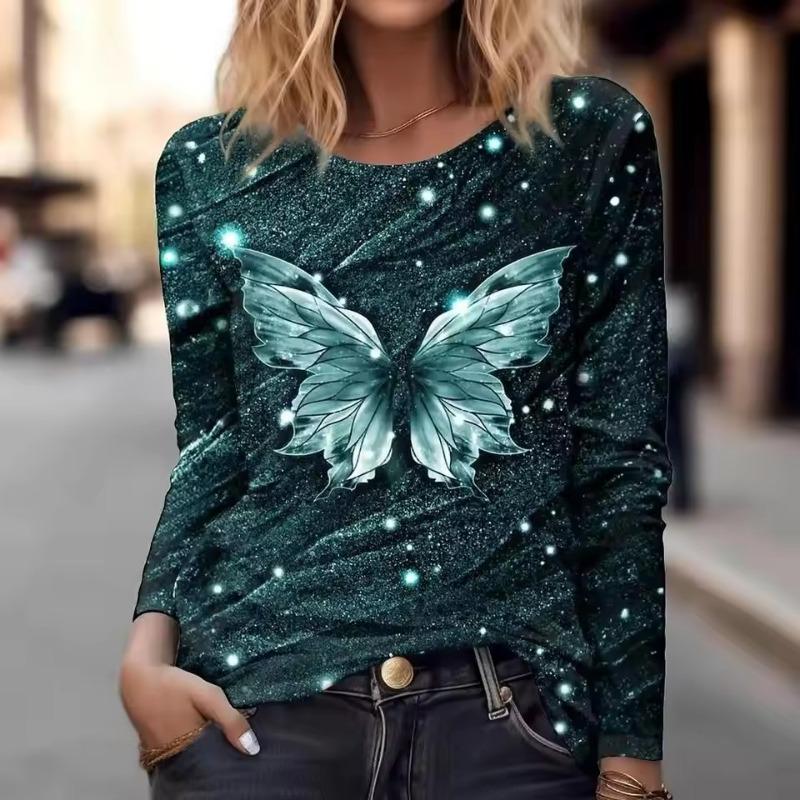 Women's T-shirt 3D Printing Art Butterfly Print Fashion Long Sleeve Round Neck Regular Top Holiday Weekend Spring and Autumn