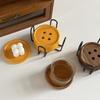 6-Piece Original Colorful Button Coaster Set with Cross-Shaped Iron Rack Coaster Holder Dopamine Round Wooden Coasters Exquisite Coffee Cup Holders