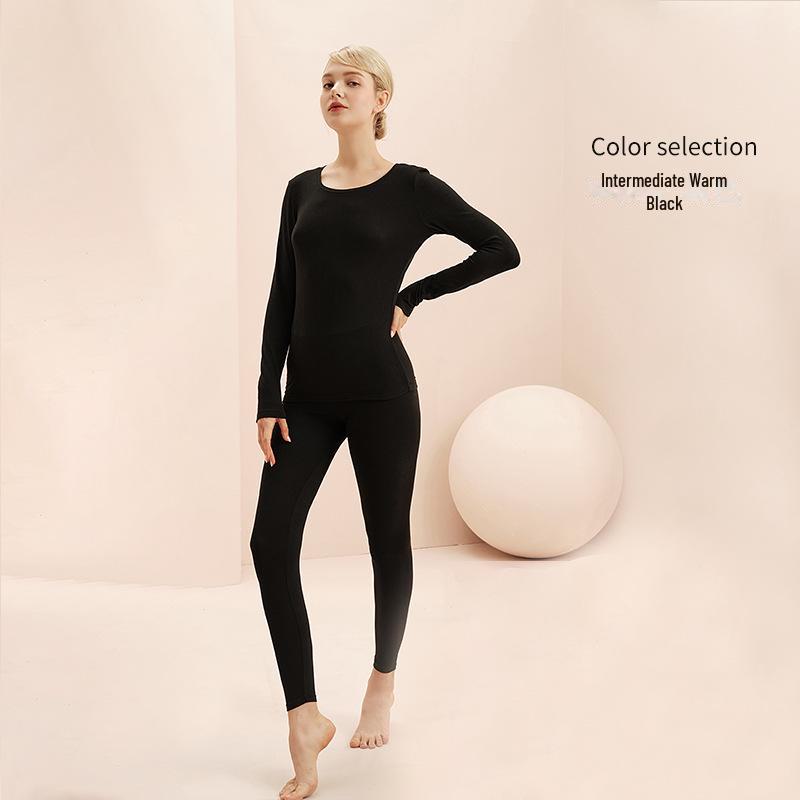 

Женский бесшовный термобелье с гиалуроновой кислотой, облегающий крой, круглый вырез, на осень и зиму. чёрный