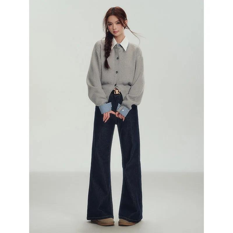 

Осенняя одежда Свитер с воротником-рубашкой из двух частей для женщин S серый