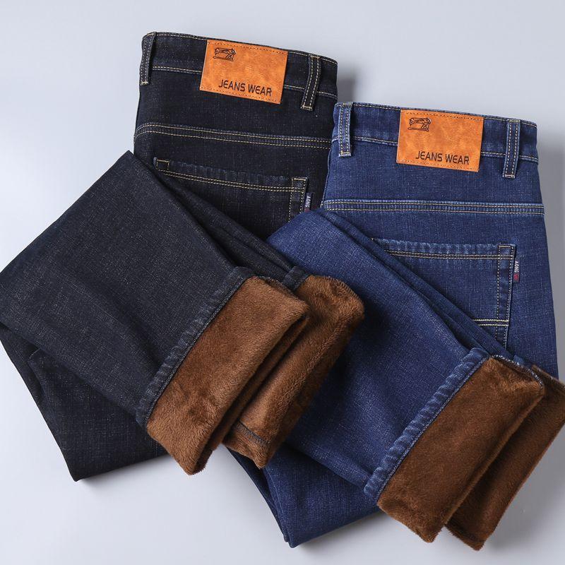 Autumn Winter Warm Flocking Denim Soft Man Activities Fleece Line Men Jeans Black Blue Grey Colors