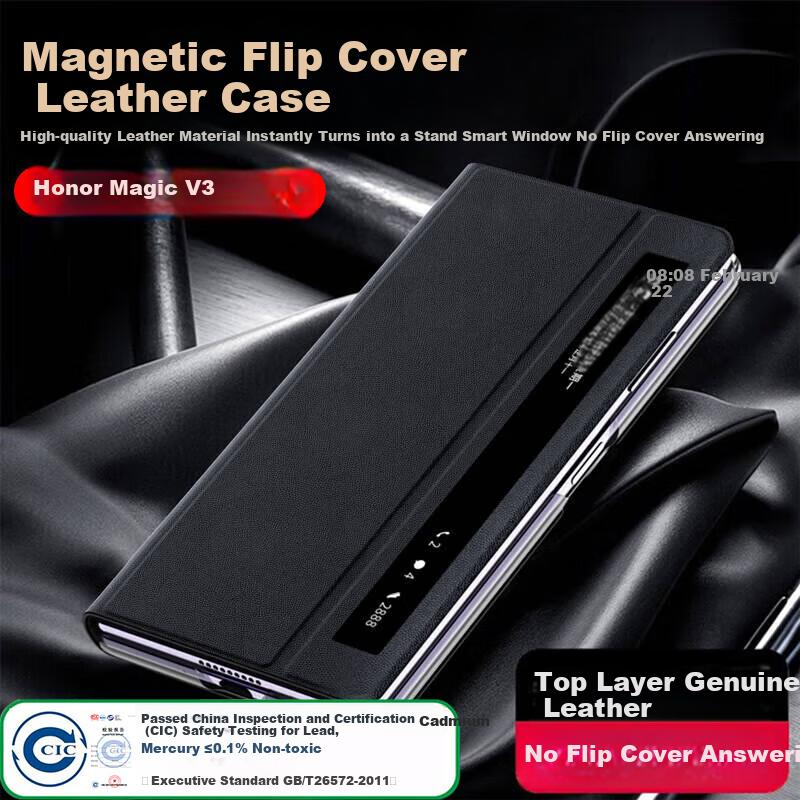 Phone Case for Honor Magic V3 Foldable Smartphone, Flip Cover with Smart View Window, Full Protection Anti-Drop Genuine Leather Magnetic Business Case