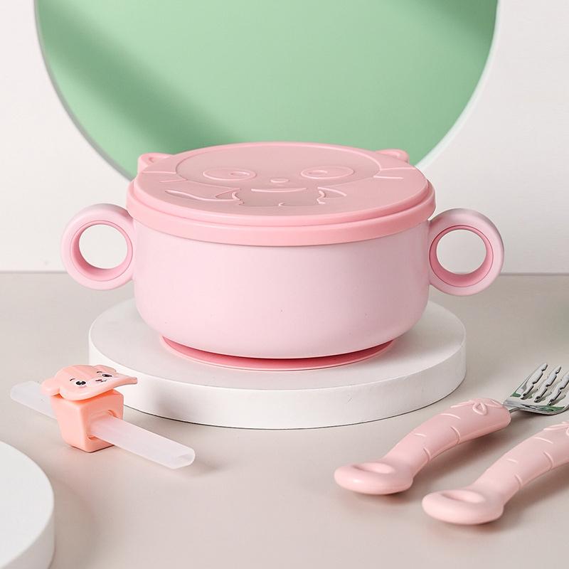 Baby Stainless Steel Feeding Food Tableware Suction Cup Non-slip Bowl Spoon Fork Straw Set Toddler Dinnerware