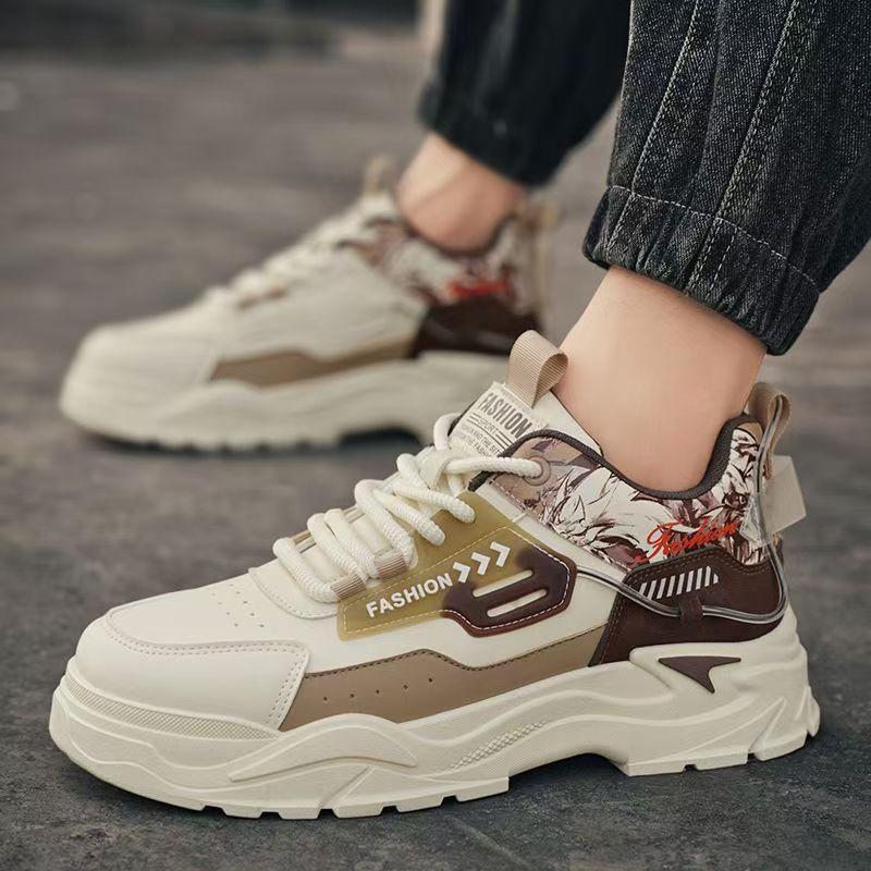 New Men's Sports Single Shoes Leather Surface Casual Board Shoes Young and Young Thick Sole Heightening Non-slip Tooling Shoes Yellow Outdoor