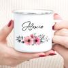 Personalized Flower Custom Name Enamel Mugs Summer Outdoor Coffee Juice Mug Picnic Camping Handle Cup Teacher Mother Friend Gift