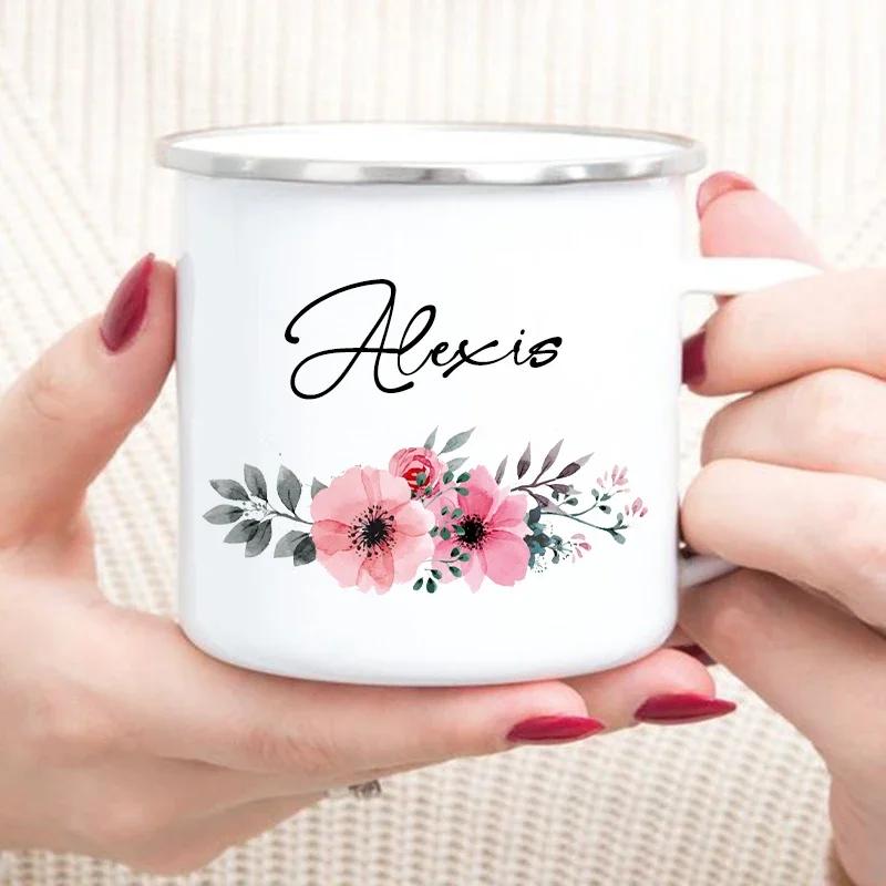 Personalized Flower Custom Name Enamel Mugs Summer Outdoor Coffee Juice Mug Picnic Camping Handle Cup Teacher Mother Friend Gift