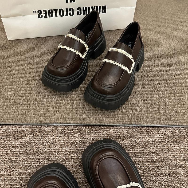 Japanese Jk Round Head Brown Small Leather Shoes Women's 2025 Spring New College Style Loafers Thick Sole Heightening Skirt