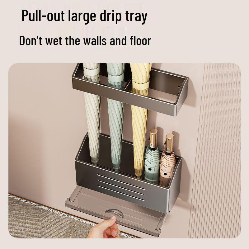 Wall-Mounted Magnetic Umbrella Rack with Water Drainage, No-Drill Installation for Home Entryway