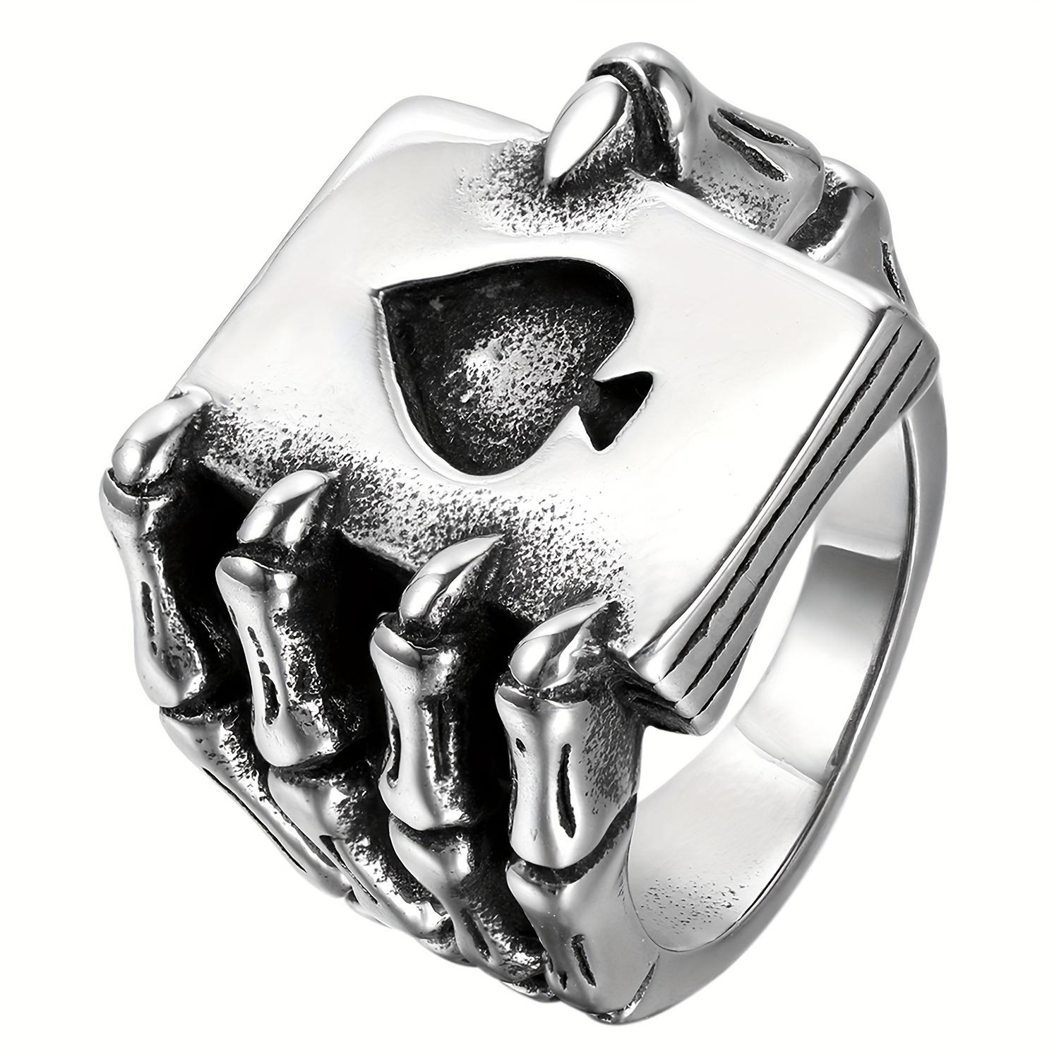 Flongo Men s Gothic Punk Stainless Steel Skull Claw  Ace of Spades Ring - Edgy Biker for Men, Statement Ring Sizes 7-13 7