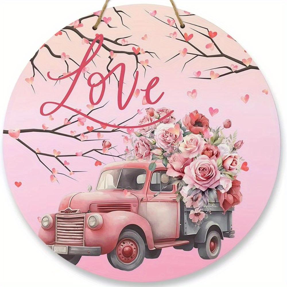 1pc 2d Flat Retro Round Wooden Sign Flower Market Flower Truck, Novel and Interesting Garage Bar Kitchen Home Family Friend Gift Wooden Sign- 20cm