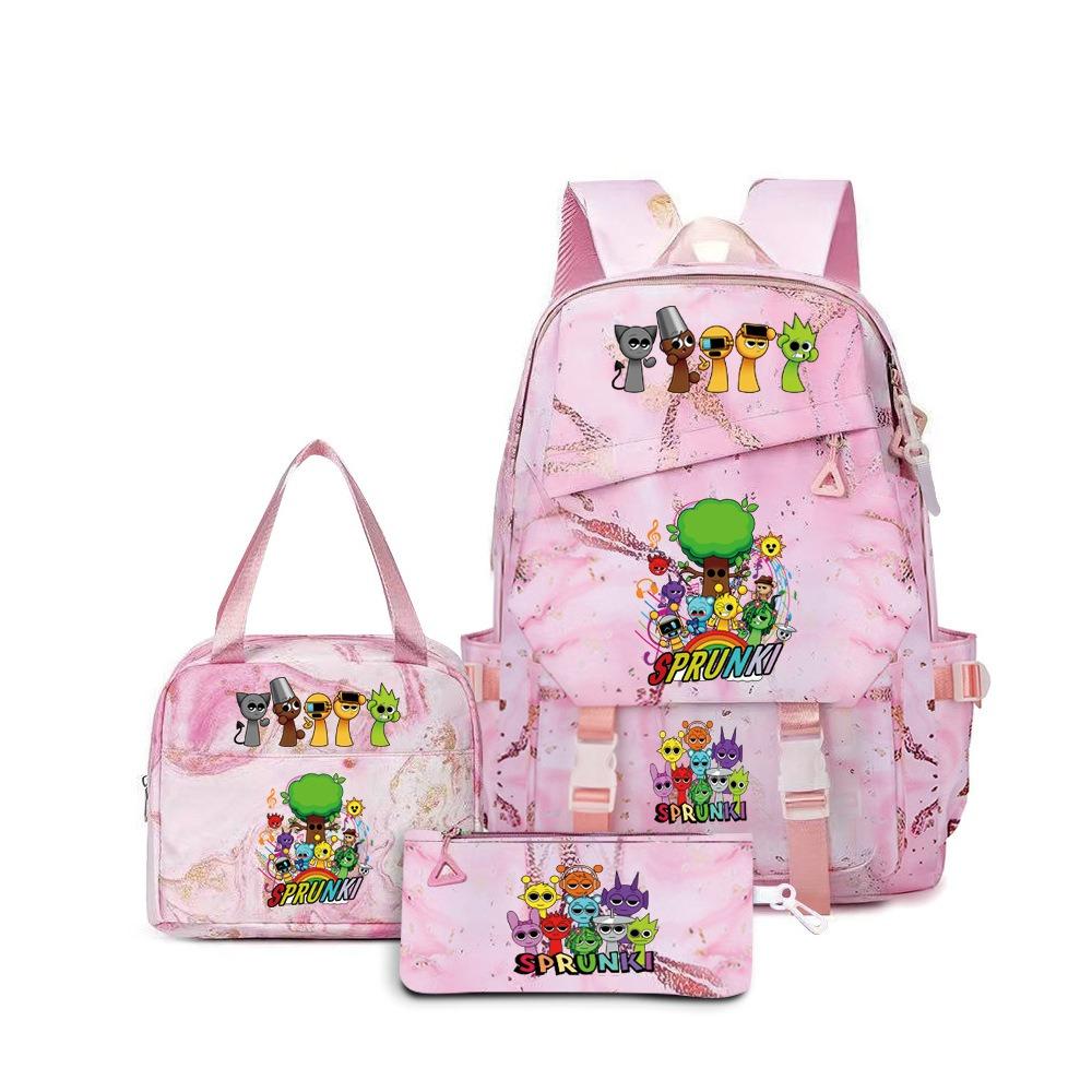 Rhythm box music game heat transfer backpack Sprunki pink schoolbag portable lunch bag stationery pencil case D