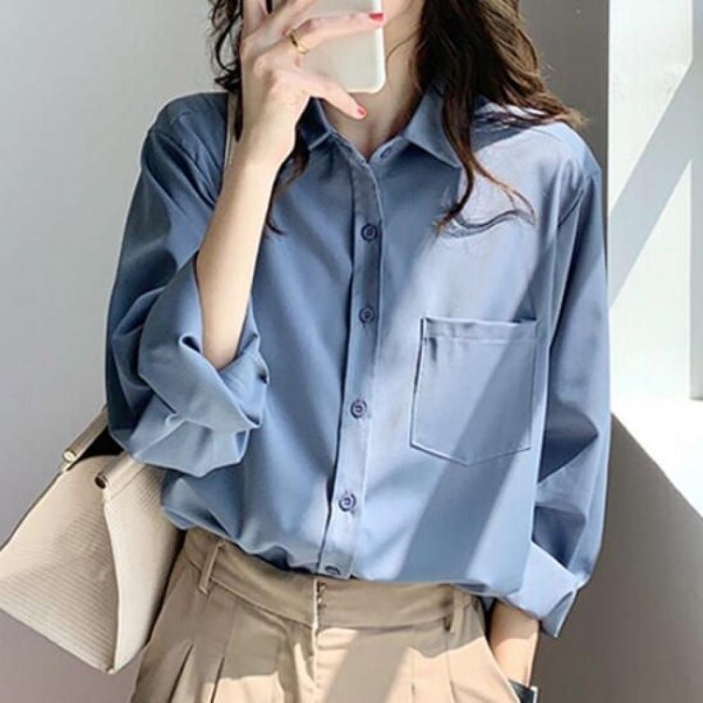 Navava Vintage Office Solid Long Sleeve Collar Shirt Nb2512