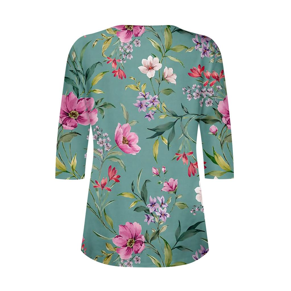 Women's Fashion Casual 3/4 Sleeve Buttons Print U-Neck Pullover Top Blouse