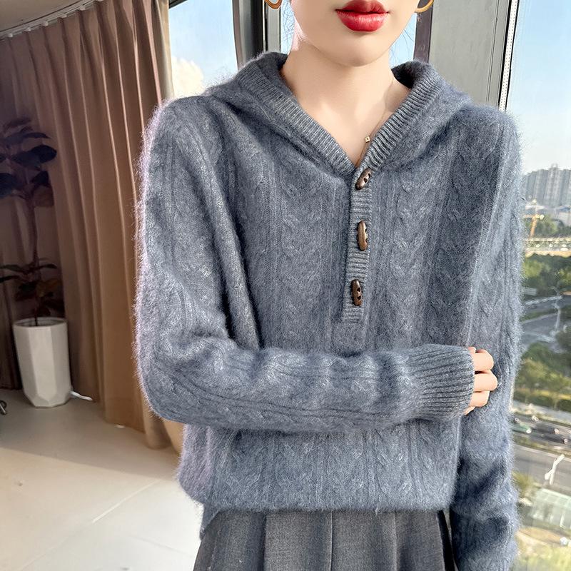 Autumn & Winter Women's Mink Velvet Knit Twist Hoodie - Heavyweight, Loose Fit, Casual Cashmere Sweater