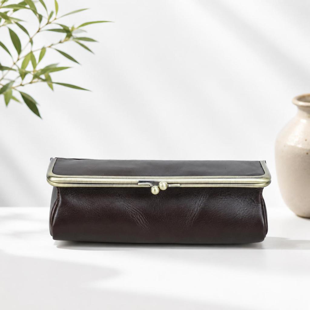 CONTACTS Federmäppchen aus Vollnarbenleder mit Kussverschluss Stifteetui Vintage Sonnenbrillenhalter Brillenetui Kleine Kosmetiktasche Reise-Organizer-Tasche