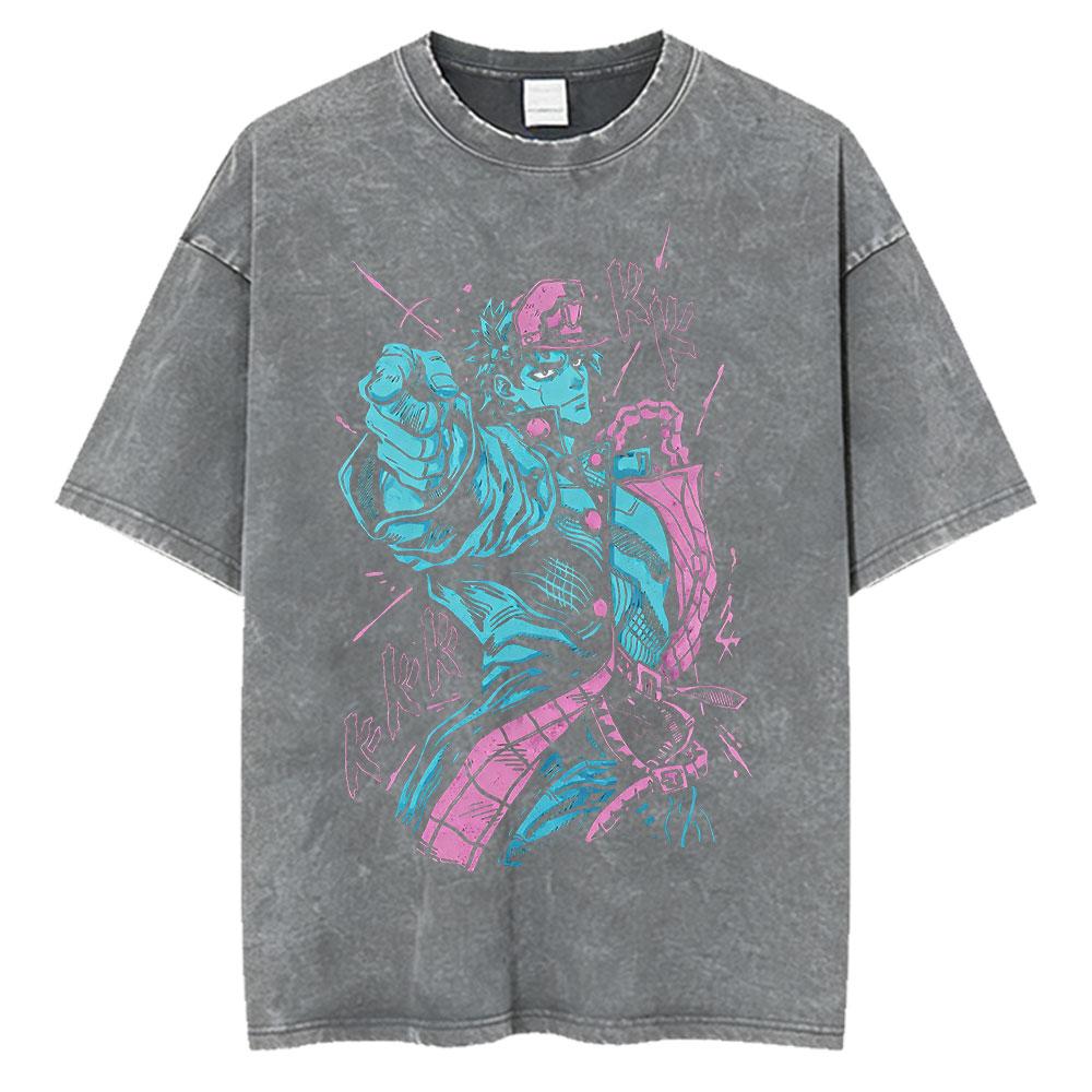 Anime JoJo Bizarre Adventure Jotaro Kujo Vintage Acid Washed T Shirts Men Women Cotton Casual Short Sleeves Tshirts Streetwear