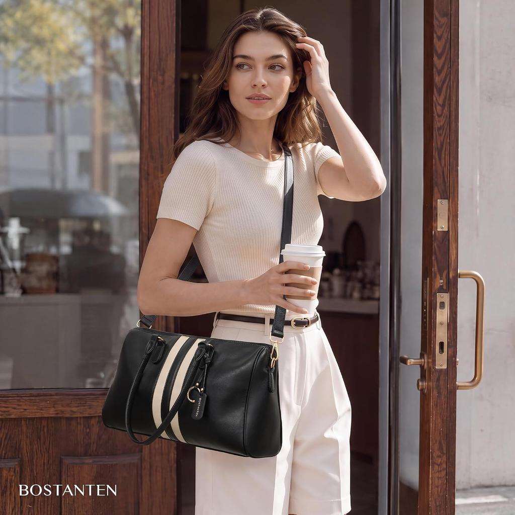 BOSTANTEN Large Women's Satchel Handbag, Color-block Striped Boston Bag