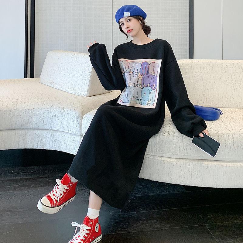 YYFS Damenmode Herbst Winter Langarm O-Ausschnitt Lockere Taille Lässige Kleider