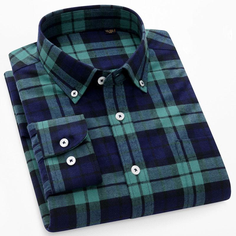 New Pure Cotton Brushed Men Casual Plaid Shirts Long Sleeve Soft Autumn Checked Design Business Male tops with pocket
