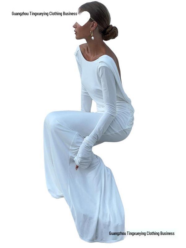 Elegant European & American Women's Backless Long Sleeve Evening Gown - Autumn/Winter Collection