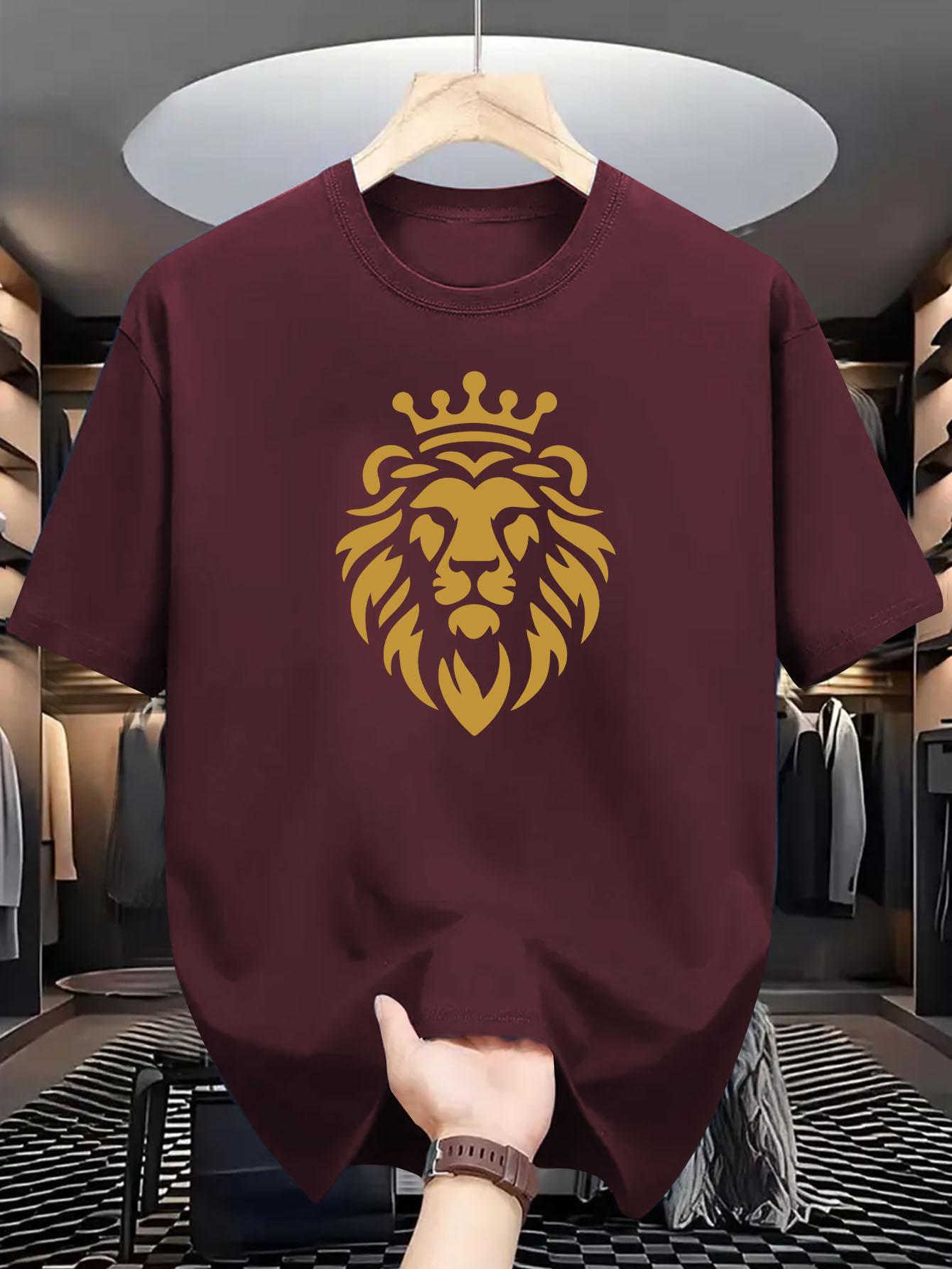 

Men s summer 100% pure cotton Men s Casual Summer Graphic T-Shirt - Short Sleeve Crew Neck Lion Print with Golden Crown Design 5XL різнокольоровий