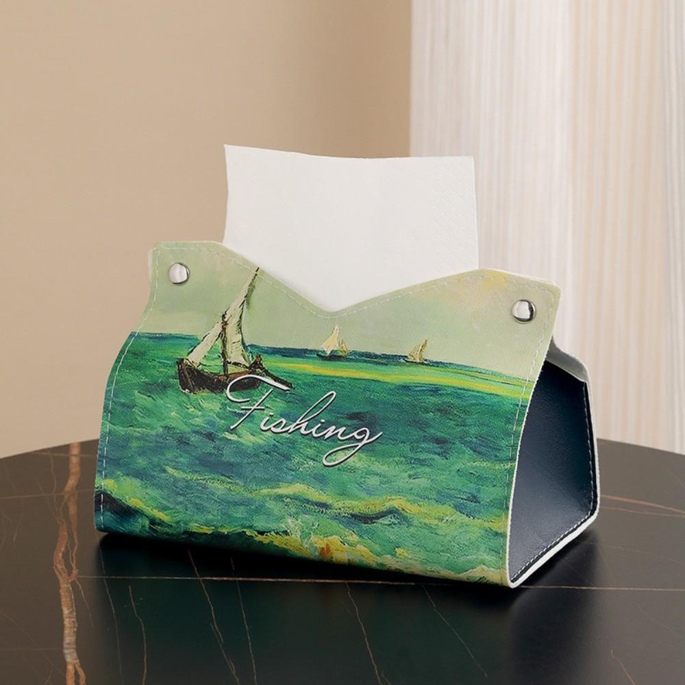Vintage PU Leather Tissue Box Holder Oil Painting Durable Napkin Container Decorative Car Tissue Box Bathroom