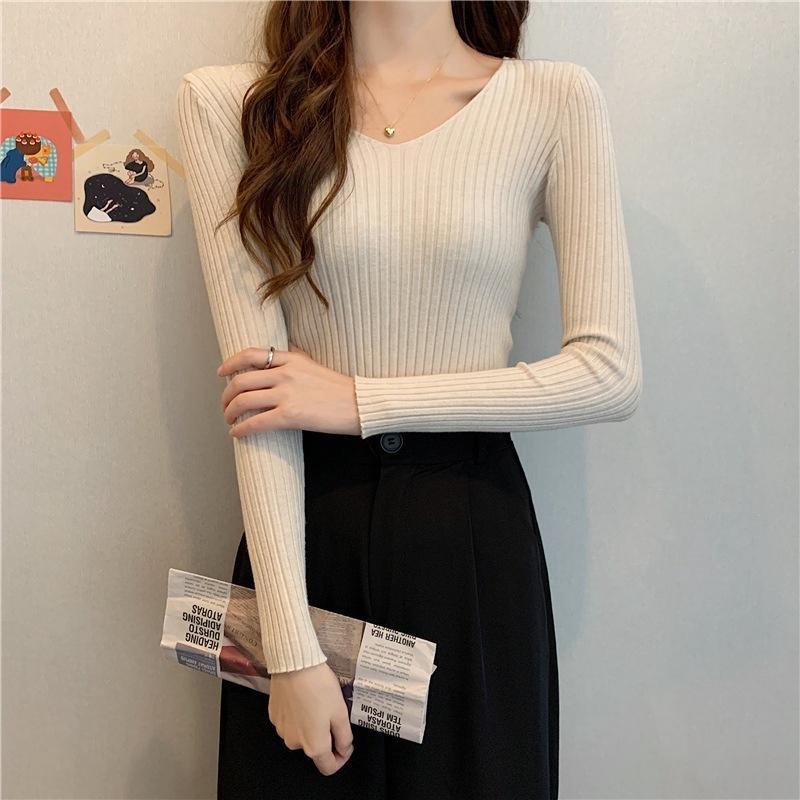 Damen V-Ausschnitt Pullover Slim Pullover Eng Langärmlig Einfarbig Einheitsgröße Strickware Frühling Herbst Pendeln