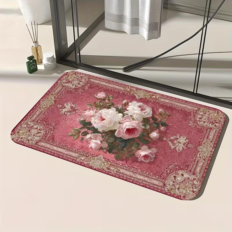 Vintage Victorian Rose Floral Print Doormat Soft Non-Slip Entryway Rug Baroque Flower Pattern Floor Carpet Retro Romantic Mat