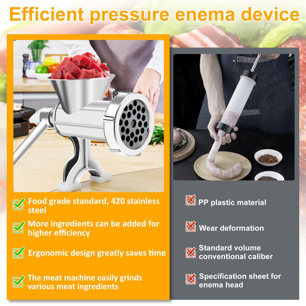 Manuelle Fleischmühle mit Kurbel Fleischkurbel Rostfreie Fleischmühle Wurstfüller Tischmontage Schweinefleischwolf mit 3 Wurstfüllern