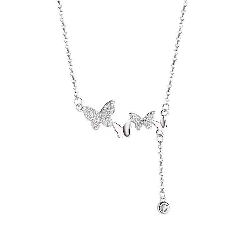 Full Diamond Butterfly Tassel Necklace Simple Fashion High Sense Women's Pendant Niche Design Versatile Collarbone Chain