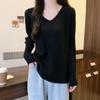 Lockerer Strickpullover für Damen im Herbst und Winter mit einfarbigem, schlichtem Oberteil mit V-Ausschnitt