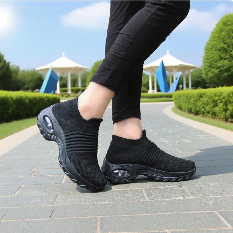 Women Black Walking Shoes Fashionable Comfortable Mesh Sneakers Breathable Thick Sole Anti Slip Sleeve Loafers Platform Sneakers