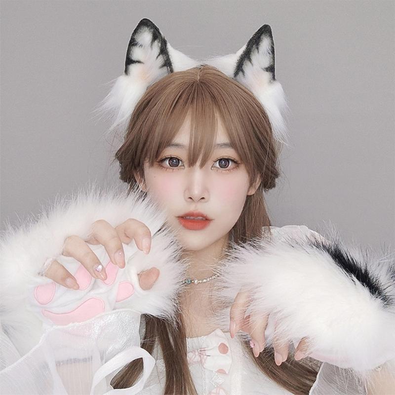 Cute Anime Beast Tail Cat Ear Headband Paw Gloves Set Lovely-Fox Tail Themed Party Costume Cosplay Props for Festivals