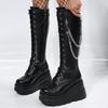 Fashion Women's Boots Black Platform Wedges Shoes for Women Autumn Winter Gothic Botas High Heels Metal Chain Punk Style Knee High Boots