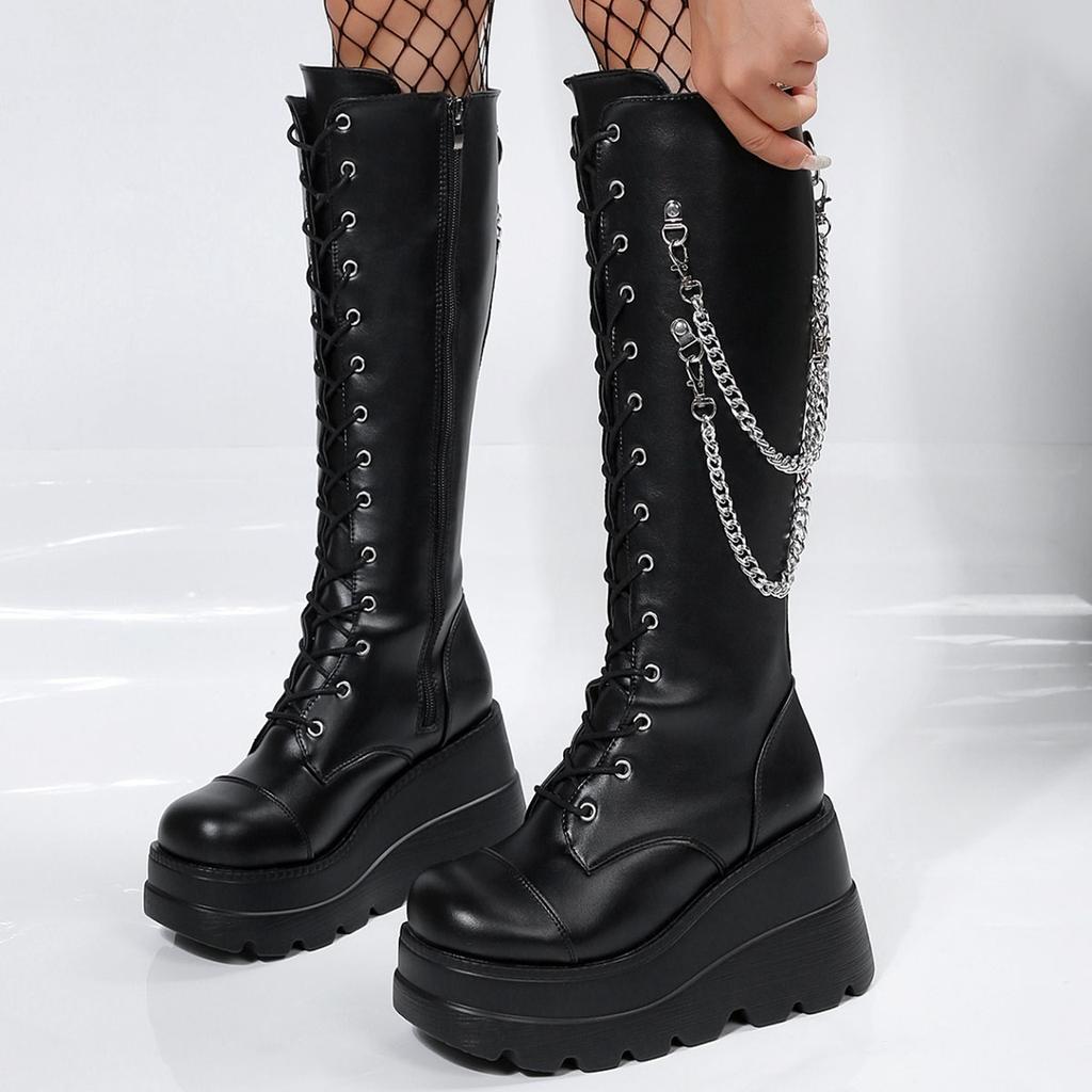 Fashion Women's Boots Black Platform Wedges Shoes for Women Autumn Winter Gothic Botas High Heels Metal Chain Punk Style Knee High Boots