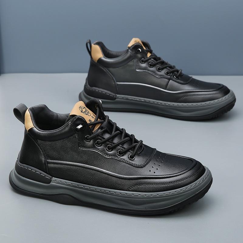 New leather board shoes men's high-top velvet thermal cotton shoes trendy versatile men's wide-headed casual shoes