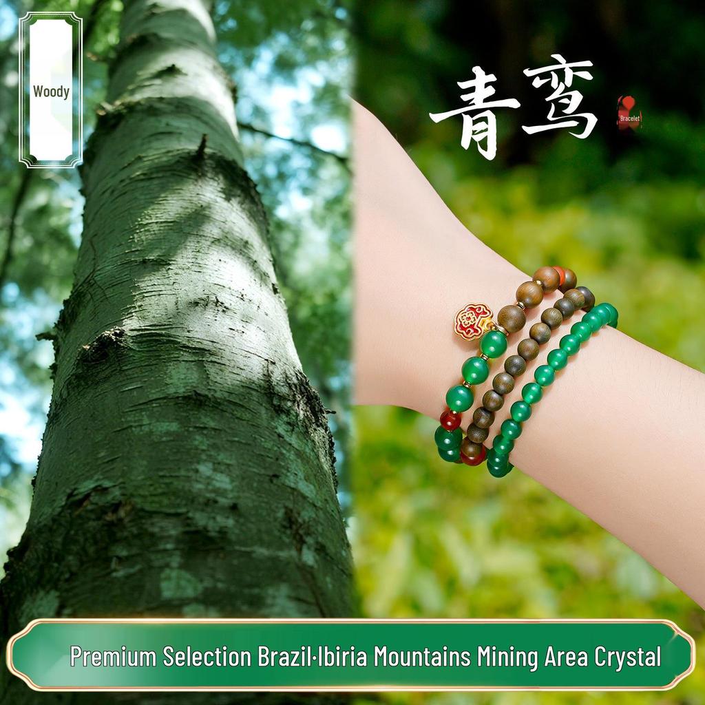 Green Sandalwood Triple-Wrap Bracelet with Natural Agate for Women - Five Elements Wood Niche