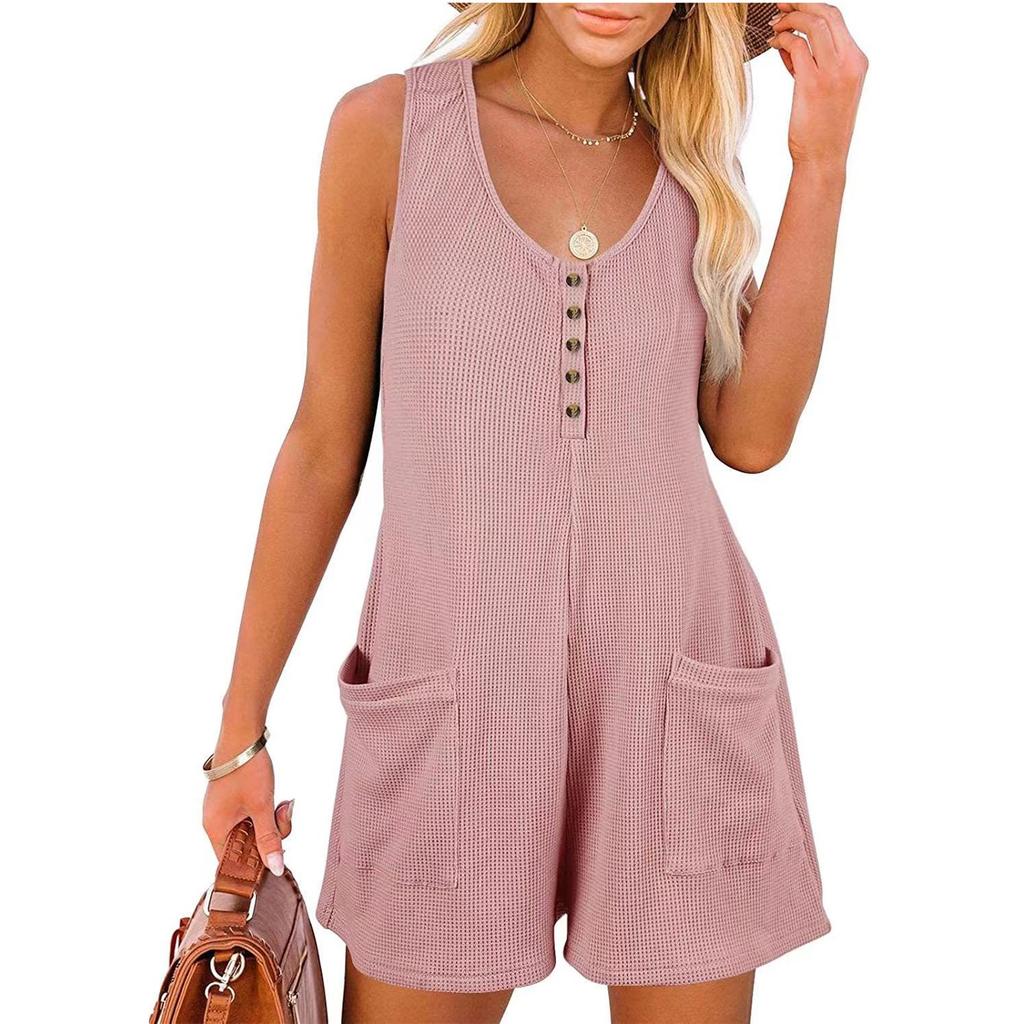 Dame Casual Rund Hals Med Lommer Ærmeløs Knaplukning Tanktop Jumpsuit Shorts Rompers