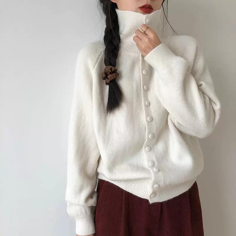 Cárdigan de Punto de Cuello Alto para Mujer Otoño Color Sólido de un Solo Botón Prendas de Abrigo Mujer Coreano Suave Tejido de Cachemir