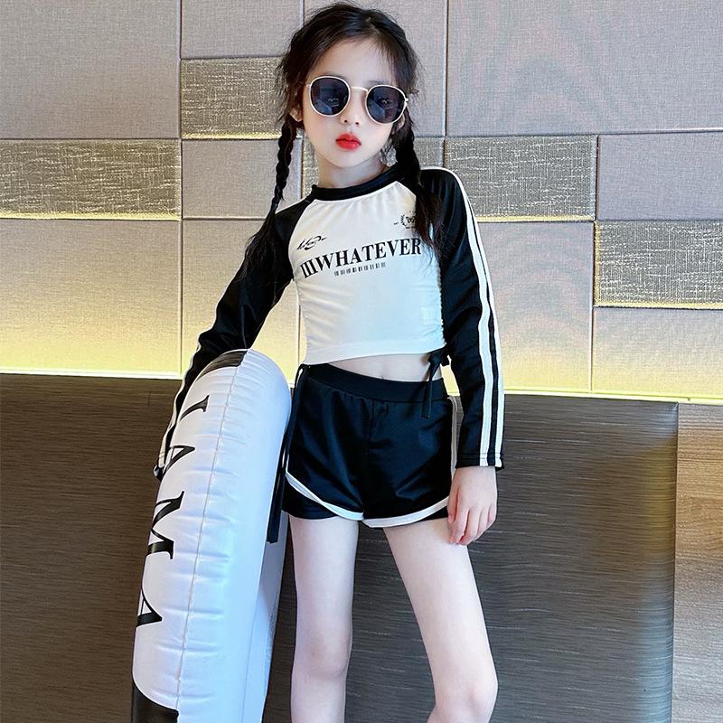 Girls' Swimwear Mid-Size Long-Sleeve Two-Piece Set—Polyester Color-Blocked Activewear for Sports Leisure and Hot Springs