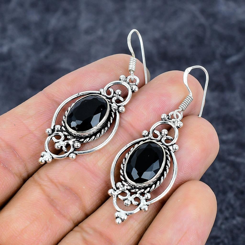 Black Spinel Gemstone Handmade 925 Sterling Silver Jewelry Earring 2.21" M-3289