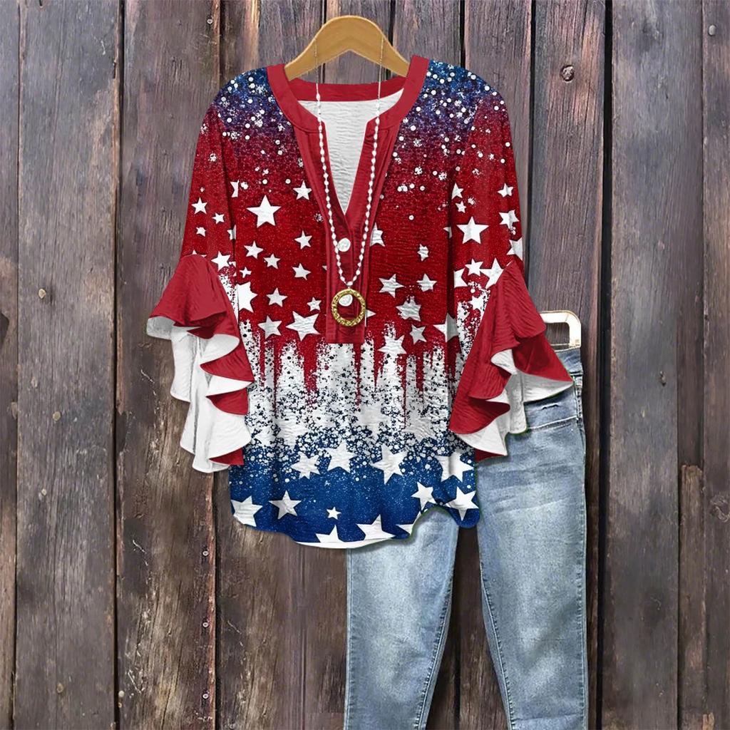 Women's Fashionable Casual Button-Down V-Neck Three-Quarter Sleeve Independence Day Printed Shirt Top