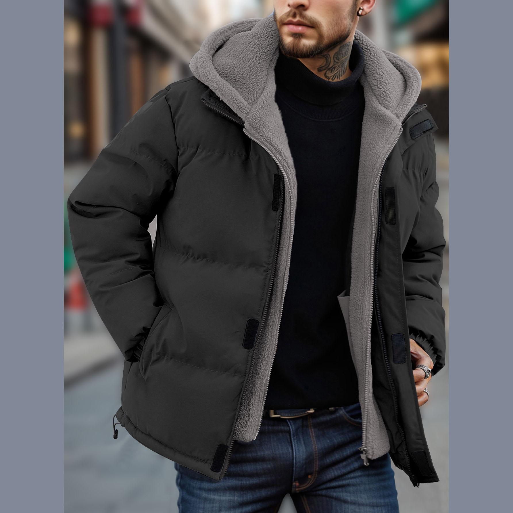 

Winter Windproof Men s Faux Jacket Casual Polyester Coat with Detachable Hood Zip-Up Front Long Sleeves & Pockets Winter Clothes M