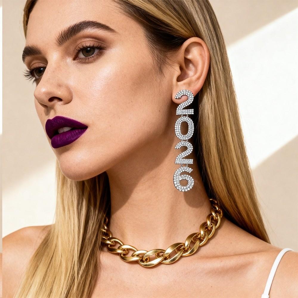 Rhinestone Happy New Year Earrings Aesthetic 2026 Necklace Trendy 2026 Jewelry Suit  Party