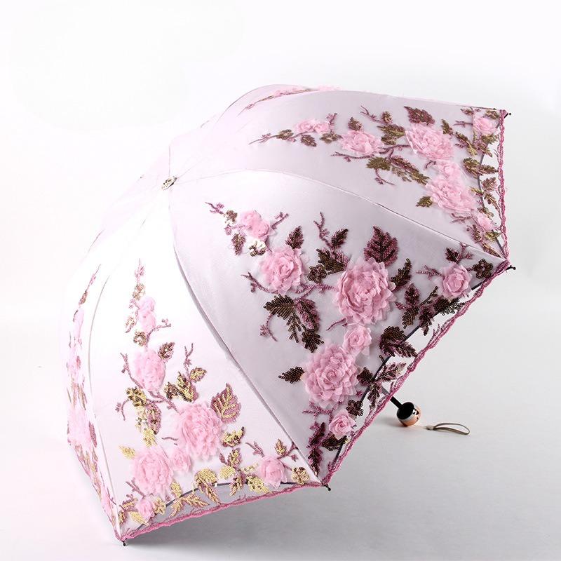 Three-Fold Double-Layer Embroidered Lace Umbrella 1821 Vinyl Sun Umbrella Parasol Uv Protection Umbrella