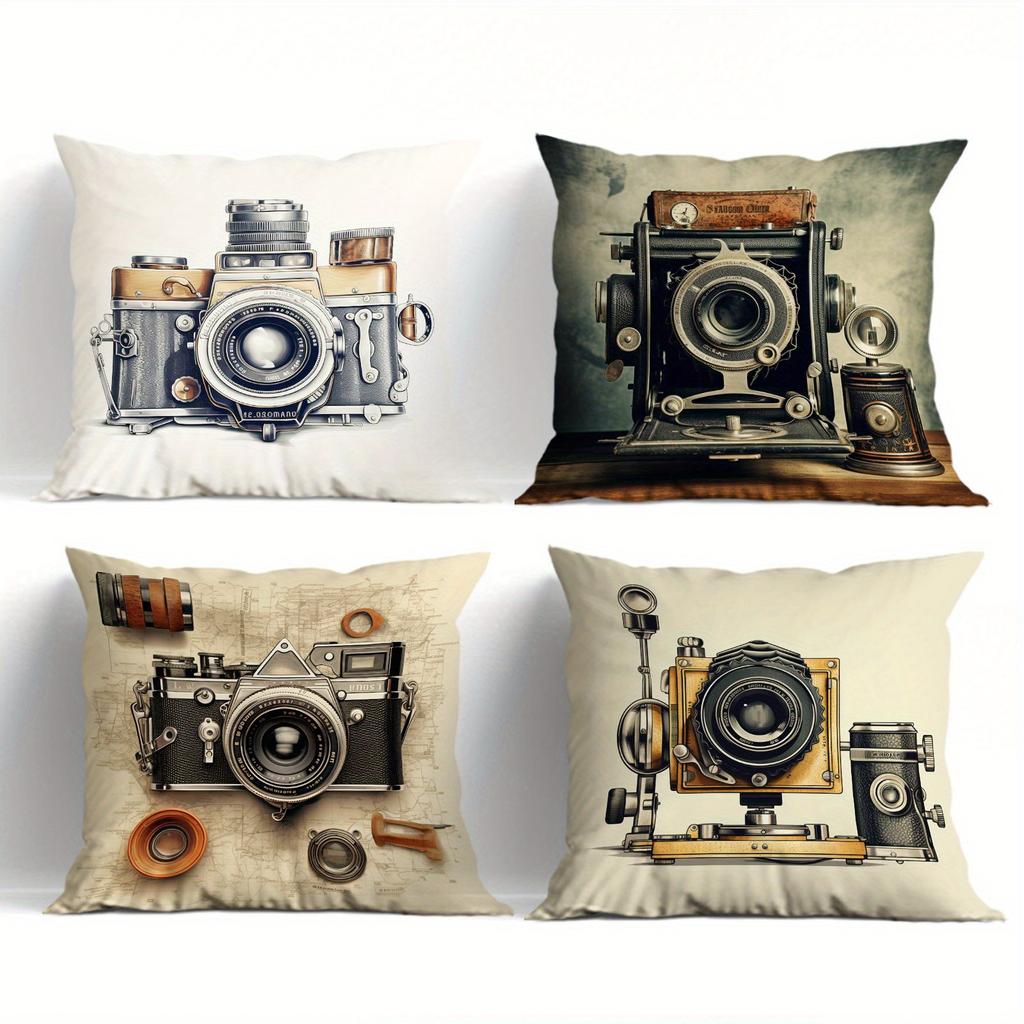 Set of 4 Vintage Camera-Themed Pillow Covers for Photography Enthusiasts, Featuring Nostalgic Photography Elements. Suitable for Living Rooms, Studies