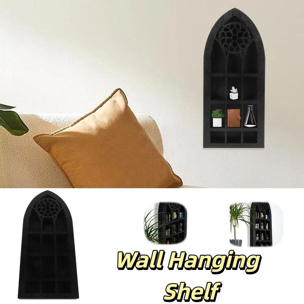 Gothic Design Old Church Window Shelf Black Finish Crystal Wall Shelf  Living Room
