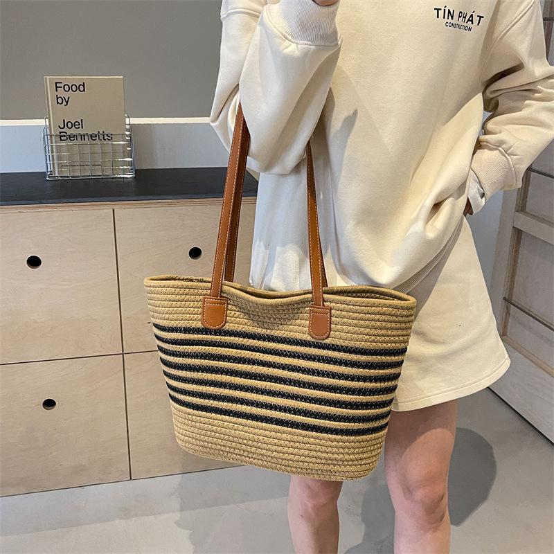 Fashion Cotton Rope Woven Handbag Large Capacity Striped Versatile Vacation Beach Bag Women Straw Casual Shoulder Bag